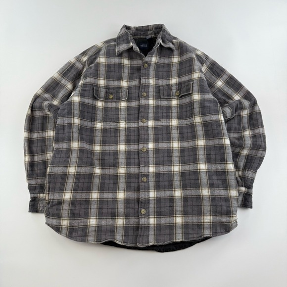 Basic Editions Flannel Shirt Mens M Gray White Plaid Quilted Lined Button Up - Picture 1 of 7